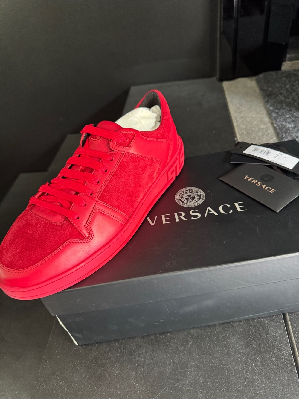 NIB Versace Vibrant Red Suede & Leather Low-Top Sneakers
